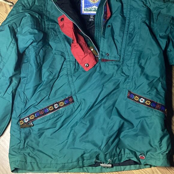 Obermeyer Ski Jacket Juniors Size XL Insulated Green Red Flowers 90s Vintage - Picture 2 of 4